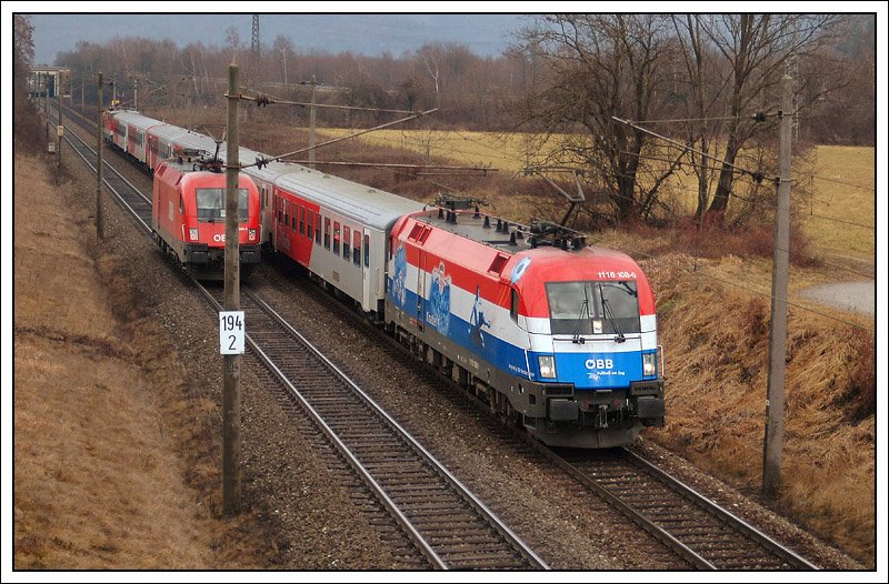 1116 108  Kroatien  als S1 (vormals Regionalzug 4019) von Bruck a.d.M nach Spielfeld-Stra am 18.1.2008 bei der Einfahrt in Stbing. Naja, es htte schlimmer sein knnen, aber der rote Ox war verdammt rgerlich.