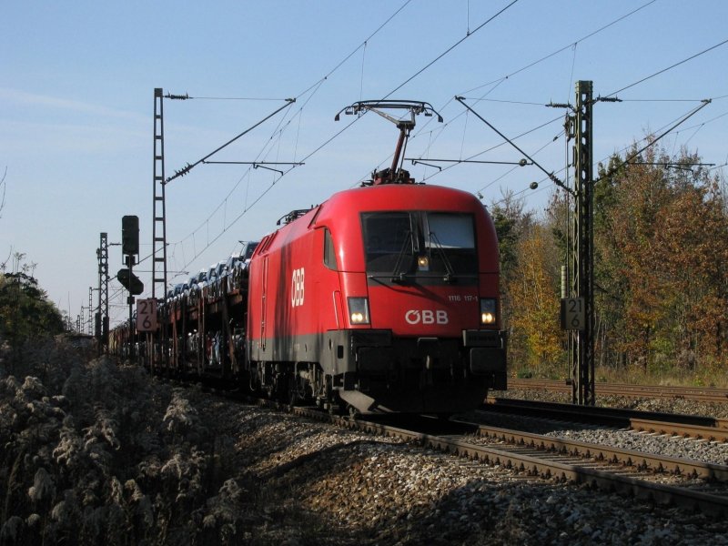 1116 117 mit Gterzug am 18.10.2008 in Haar (bei Mnchen).