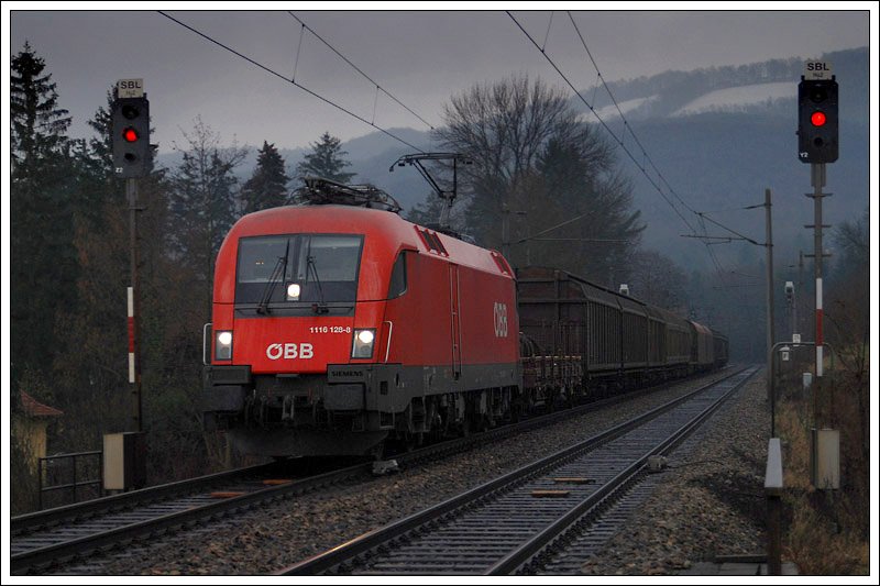 1116 128 am 13.12.2008 bei der Durchfahrt der Haltestelle Hofstatt am Anzbach.