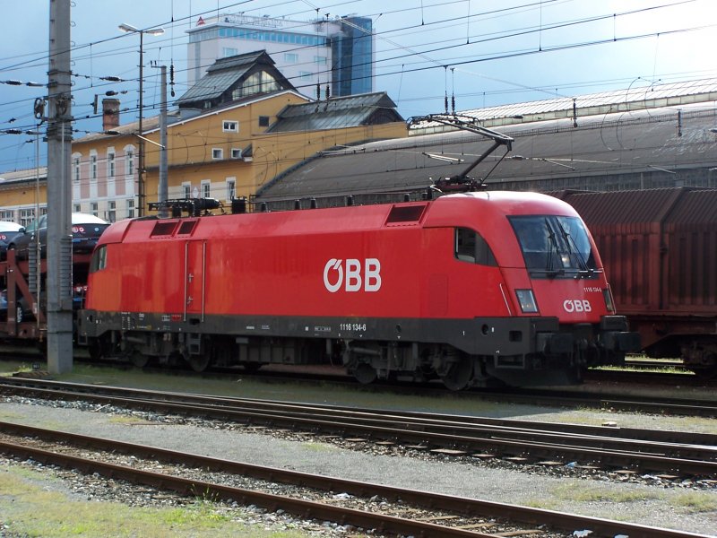 1116 134 vor einem Gterzug im August 2005 in Salzburg.