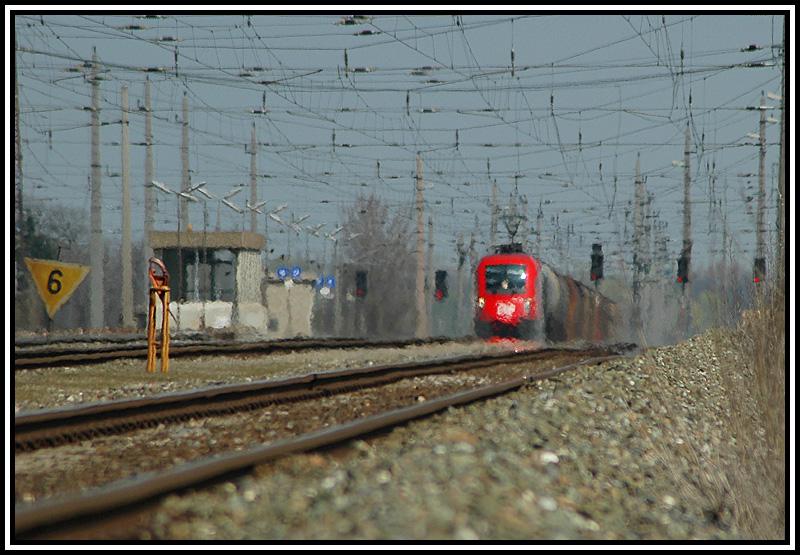 1116 150 am 15.4.2006 bei der Durchfahrt mit einem Gterzug in Wampersdorf.