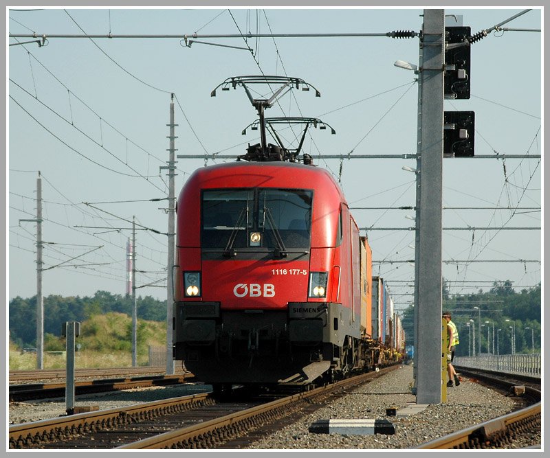 1116 177 am 5.7.2006 kurz vor der Abfahrt mit einem Containerzug in Kalsdorf-Sd. Auch die Reihe 1X16 hat einen automatischen Sta-Wechsel der mit aktivieren des anderen Fhrerstandes eingeleitet wird. Daher war diese Aufnahme mit beiden Stromabnehmern mglich.