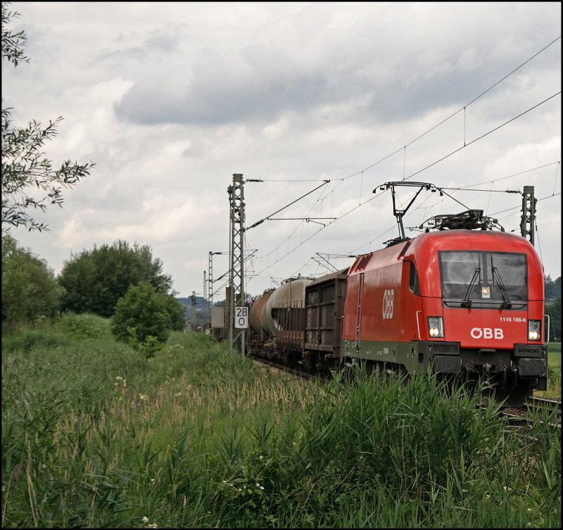 1116 186 folgt der 1216 ebenfalls mit einem gemischten Gterzug. (09.07.2008)
