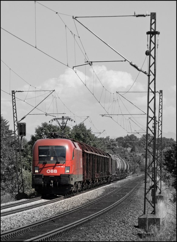1116 189 mit G�terzug am Haken auf einer Geraden bei Osterm�nchen. (10.07.2008)