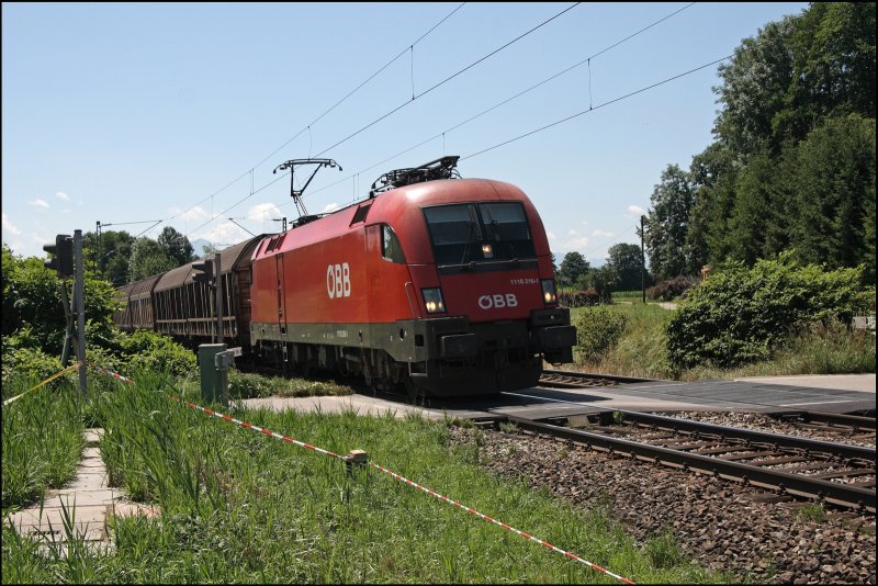 1116 216 legt sich mit einem Frachtzug bei Vogl in die Kurve. 
