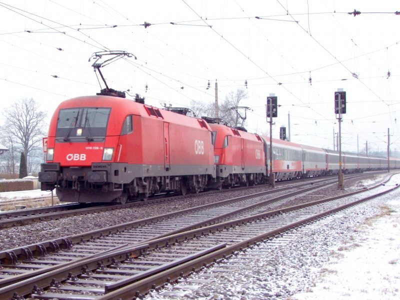 1116 228-6 sowie eine weitere 1x16 sind mit OEC162-Transalpin am nebeligen Samstagmittag bei Redl-Zipf unterwegs; 090103