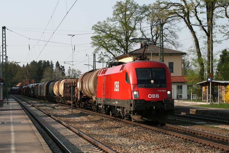 1116 229 mit einem gemischten Gterzug am 15.04.2009 in Aling.