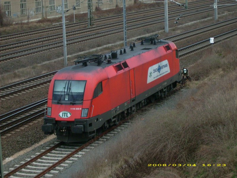 1116 233 der ITL steht am 04.03.08 auf dem Stumpfgleis in Bitterfeld.