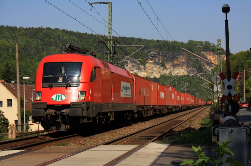 1116 238 der ITL mit einem Containerzug auf den Weg Richtung Dresde kurz vor dem Haltepunkt Stadt Wehlen in P�tzscha, 25.04.09