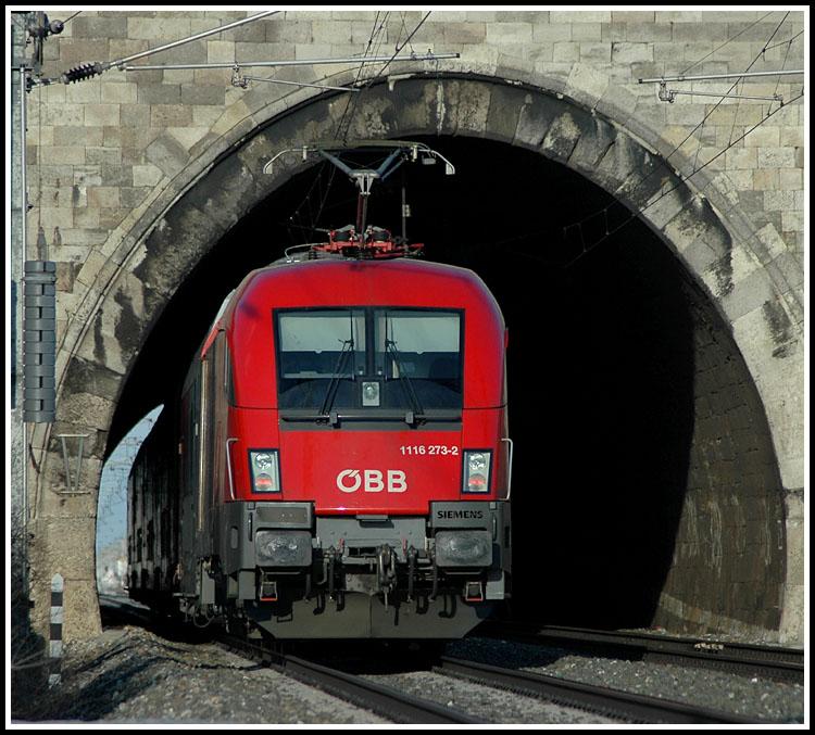 1116 273 schiebt eine Doppelstockgarnitur am 9.2.2006 Richung Wien. Die Aufnahme entstand beim sogenannten  Busserltunnel  kurz vor Gumpoldskirchen auf der S�dbahn