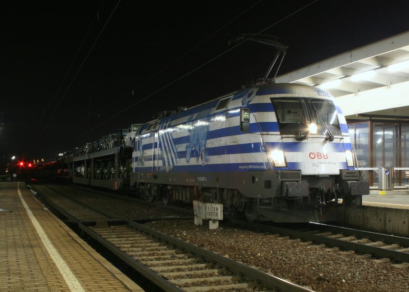 1116.007 bespannte am 16.12.2008 den FIAT-Autozug 46753 von Breclav nach Tarvisio. Aufgenommen in Knittelfeld