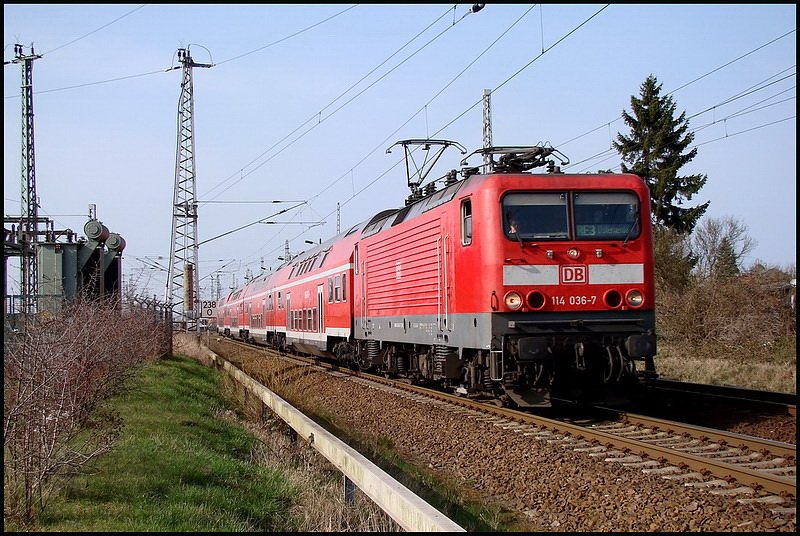 114 036-7 mit RE38357 unterwegs nach Elsterwerda.   Stralsund am 06.04.09
