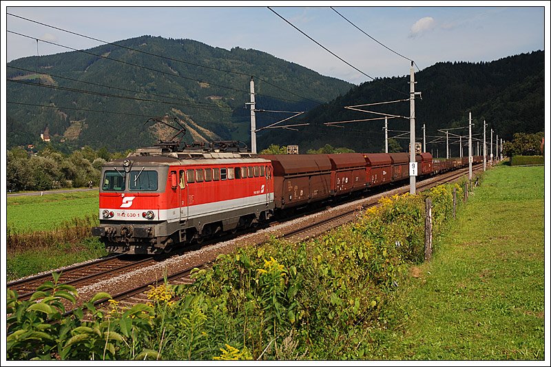 1142 630 bespannte am 29.8.2008 66613 von Bruck an der Mur nach Leoben-Donawitz. Die Aufnahme entstand kurz vor Niklasdorf.