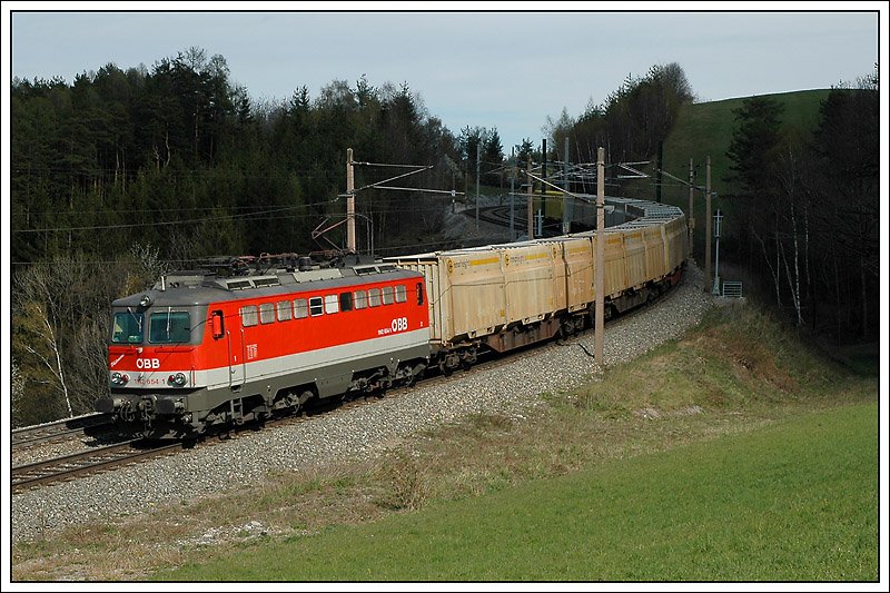 1142 654 „Philomena“ mit einem Hakschnitzelcontainerganzzug auf dem Weg ins Waldviertel, aufgenommen am 10.4.2008 bei der Talfahrt auf der Semmering Nordrampe zwischen Eichberg und Kb. Die Theaterbeleuchtung war in diesem Fall genial.