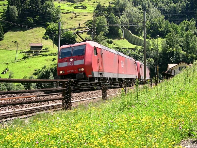 125 Jahre Gotthardbahn - Nichts ist so wie es auf den ersten Blick scheint. Warum? Ganz einfach, vor diesem Gterzug Richtung Italien hngen am 07.07.2007 zwar die DB-Loks 185 129 und 106, der Zug selbst wird aber unter der Regie der BLS-Cargo gefahren, die in Erstfeld eine Einsatzstelle unterhlt. Meistens sind in Erstfeld mindestens zwei bis 3 Prchen der DB Baureihe 185 abgestellt. Achso, der Zug hat bereits gewaltig an Hhe gewonnen und strebt nun auf der  mittleren Etage  nocheinmal Wassen zu. 