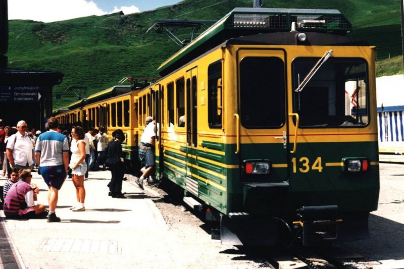 134, 132 der WengernAlpBahn (WAB) mit Zug 450 Kleine Scheidegg-Grindelwald auf Bahnhof Kleine Scheidegg am 29-07-1995. Bild und scan: Date Jan de Vries.