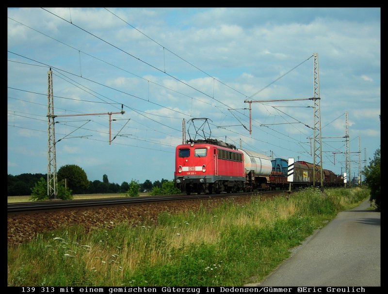 139 313 mit einem gemischten Gterzug bei Dedensen/Gmmer