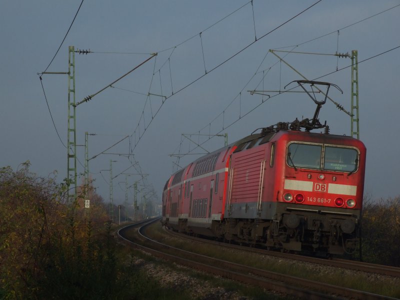 143 661 schiebt am Morgen des 08.11.2008 ihre Regionalbahn in Richtung Koblenz Aufnahme bei Gau Algesheim