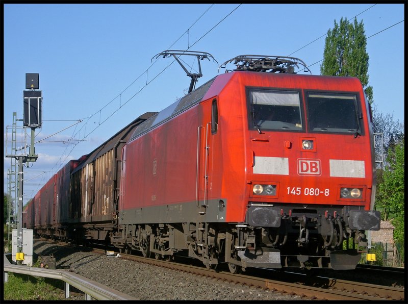 145 080 mit einem gemischten Gterzug nach Aachen West am Esig Geilenkirchen 22.4.2009