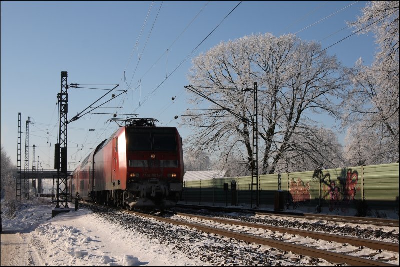 146 003 (9180 6 146 003-9 D-DB) verlsst mit dem RE2 (RE 10215)  Rhein-HAARD-Express , Mnchengladbach Hbf - Mnster(Westf)Hbf, den Bahnhof Haltern am See. (09.01.2009)
