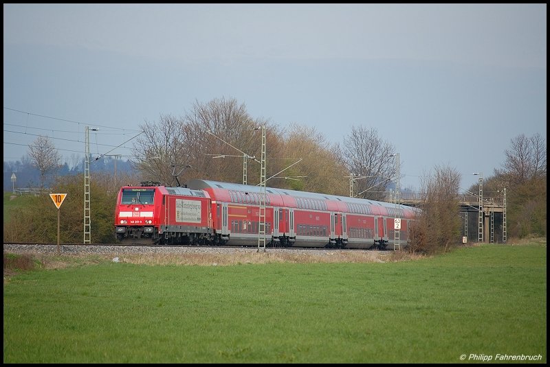 146 201 befrdert am 18.04.08 RE 19470 von Aalen nach Stuttgart Hbf, aufgenommen am Km 63,0 der Remsbahn (KBS 786) bei Mgglingen.