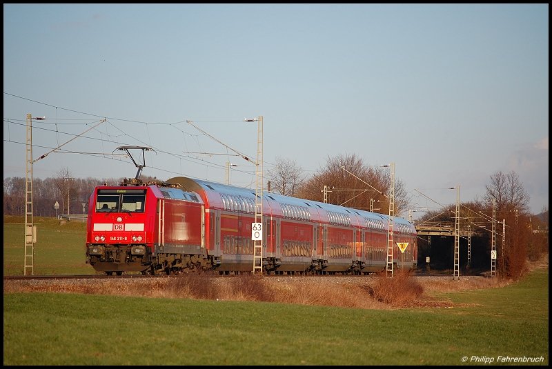 146 211-8 schiebt am Abend des 18.03.08 RE 19463 von Stuttgart Hbf nach Aalen, aufgenommen am Km 63,0 der Remsbahn (KBS 786) bei Mgglingen.