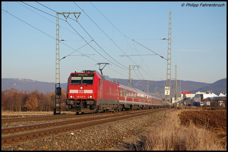 146 222-5 zieht am 25.01.08 RE 19456 von Aalen nach Stuttgart Hbf, aufgenommen bei Aalen-Essingen an der Remsbahn (KBS 786).