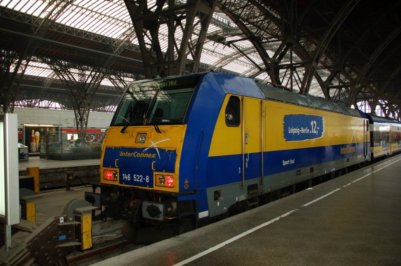 146 522 brachte am 04.04.09 den Interconnex nach Leipzig Hbf, kurz darauf ging die Fahrt wieder nach Berlin Hbf.