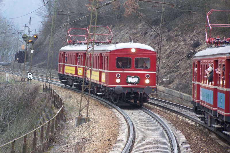 15.03.2008, Geislinger Steige: Parallelfahrt der beiden betribsfhigen ET 65. Es fhrte jeweils der Steuerwagen.