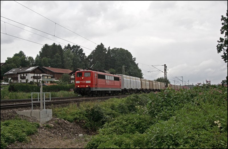 151 130 ist mit einem Holzhackschnitzelzug bei Bernau am Chiemsee unterwegs. Weis jemand das Ziel des Zuges? (09.07.2008)
