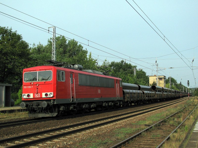 155 036-7 mit einem langen Rhrenzug am 17.08. durch Saarmund.