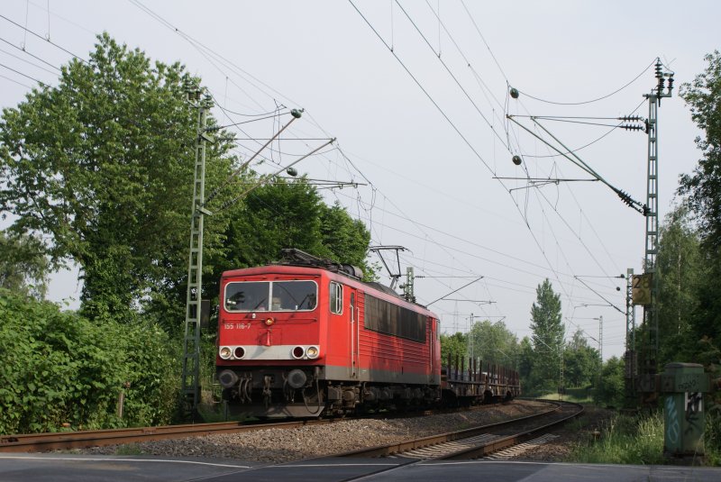 155 116-7 mit einem Stahlbrammenzug am Km 28,190 B 28 in Dsseldorf am 29.05.2008