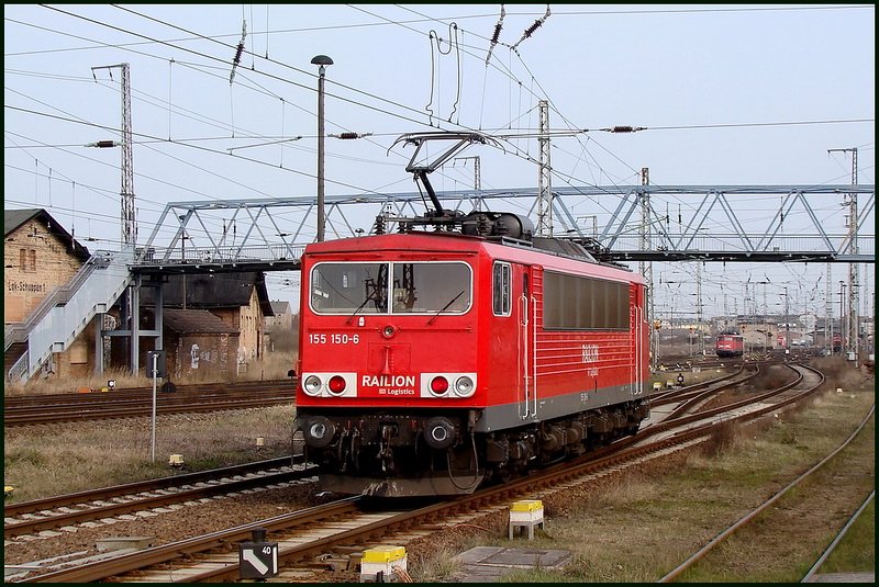 155 150-6 als Tfzf aus Mukran.   Stralsund Hbf 07.04.09