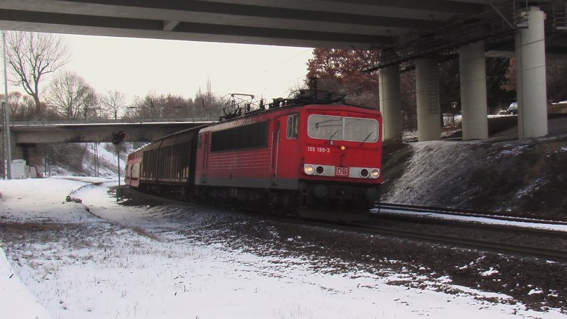 155 199-3 mit ihren Gz Richtung Bebra bei Fulda am 14.02.2009