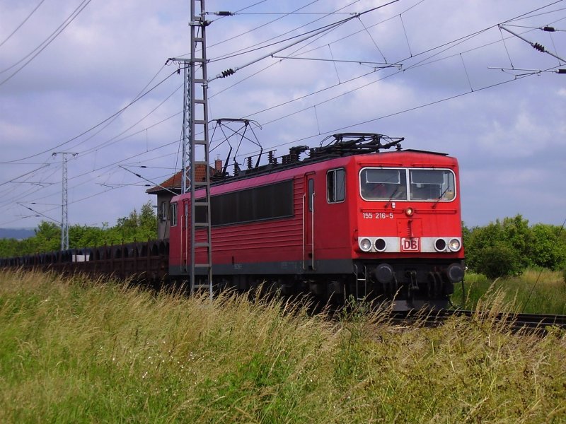 155 216 fhrt ihren Gterzug die Blankenheimer Rampe hinauf in Richtung Halle, hier an der Blockstelle Steinberg, 22.06.2007