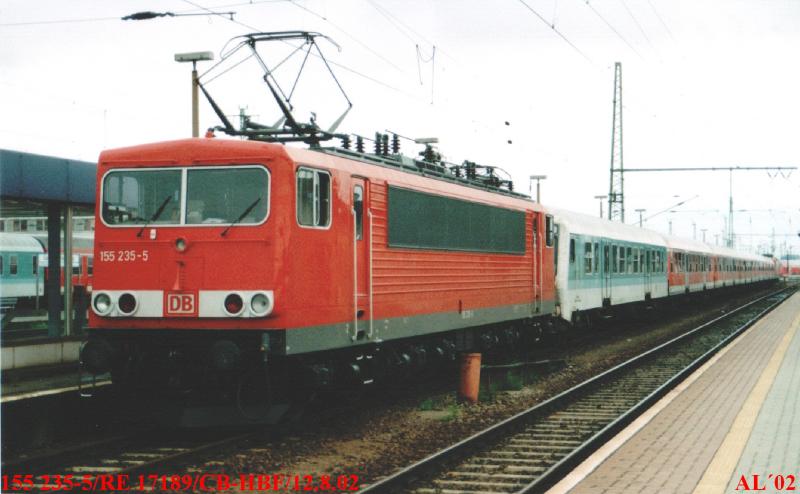 155 235-5 nach erfolgter Lastprobefahrt im HBF Cottbus am 12.08.02