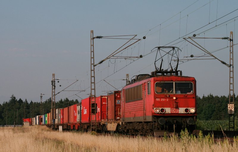 155 251 bespannt am Abend des 24.06.08 einen kurzen Containerzug Richtung Sden und konnte zwischen Waghusel und Neuluheim festgehalten werden.
