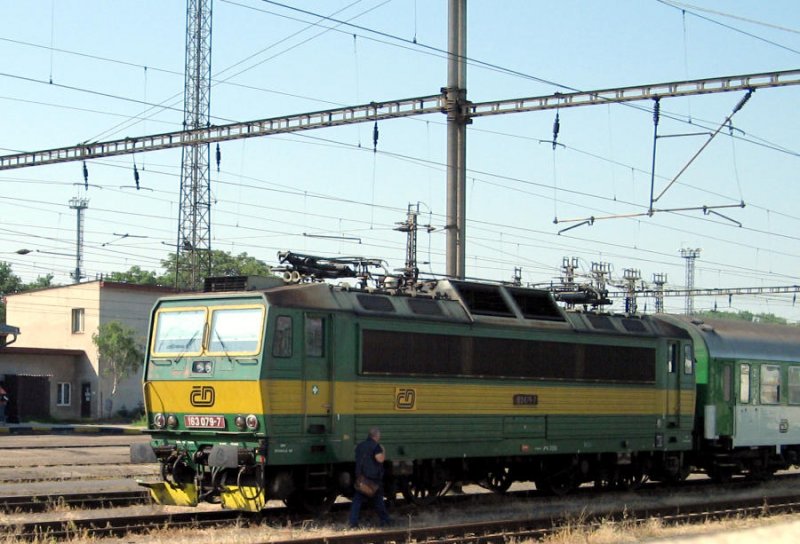 163 079 im Bahnhof Chomutov, 08.06.07 
Die Hemmschuhe wurden in diesem Fall gleich mal durch  handelsbliche  Holzkeile ersetzt.