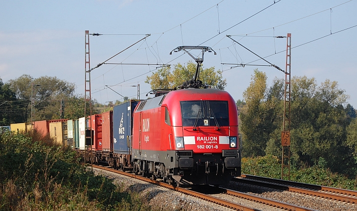 182 001 mit einem Containerzug am 26.9.2009, kurz hinter Einb.-Salzderhelden
