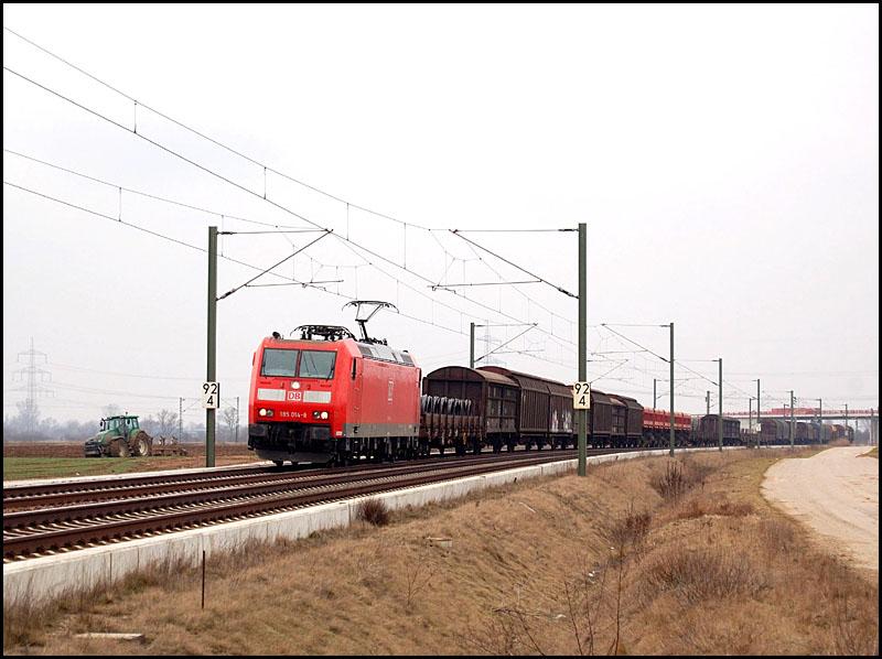 185 014 fuhr am 28.02.2006 mit ihrem Gterzug bei Schifferstadt ber die Schifferstdter Kurve in Richtung Ludwigshafen.