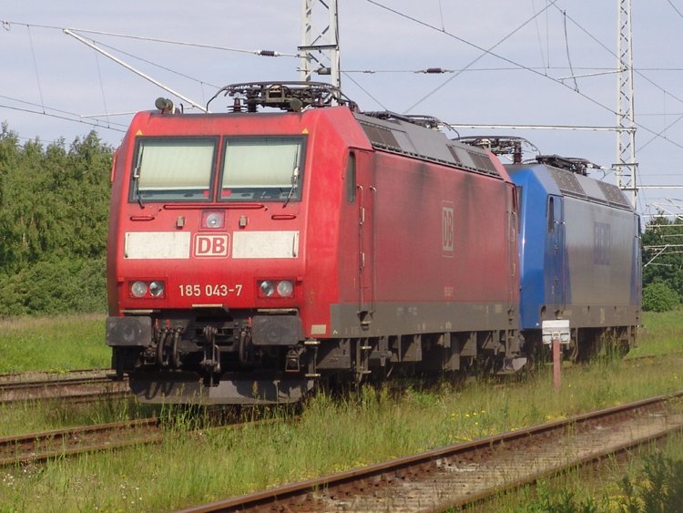 185 043-7 wird in Krze den RBH-Kesselzug63900 von WRS nach Stendell im Bahnhof Rostock-Seehafen bespannen.Aufgenommen am 14.06.09 in Hhe Hp Rostock-Dierkow.