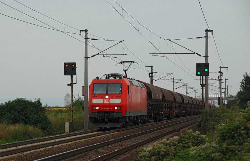 185 054, war am 11.09.2009 nachmittags um 16:05 kurz nach Gramatneusiedl Richtung Wien unterwegs.