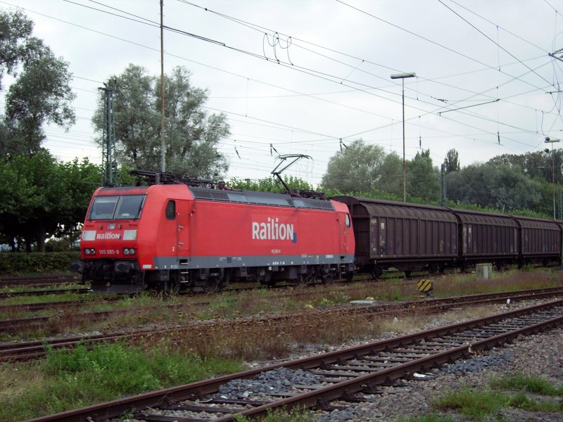 185 085-8 steht mit einem Ganzzgterzug in Richtung Konstanz im ehemaligen Gterbahnhof von Radolfzell und wartet aufgerstet, ohne Spitzenlicht und ohne Lokfhrer, aber mit einem weien Schlulicht nach Schweizer Norm (zugseitig) auf die Weiterfahrt. 25.09.08