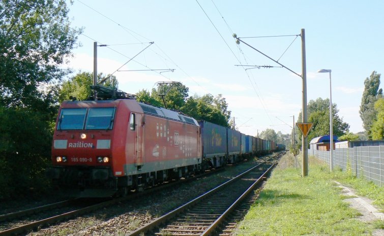 185 090 mit FE 45175 in Markelfingen. Soeben hat sie den Zug in Singen/Htwl bernommen, welchen 152 005 einige Stunden zuvor aus Kornwestheim herbrachte. Das Ziel der Reise ist/war Wolfurt. (18.8.2008)