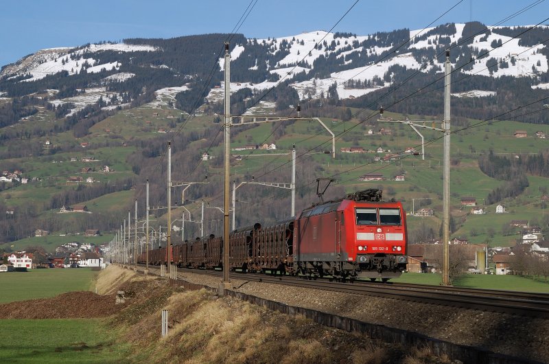 185 132 mit einem G�terzug vor Schwyz (10.01.2008)