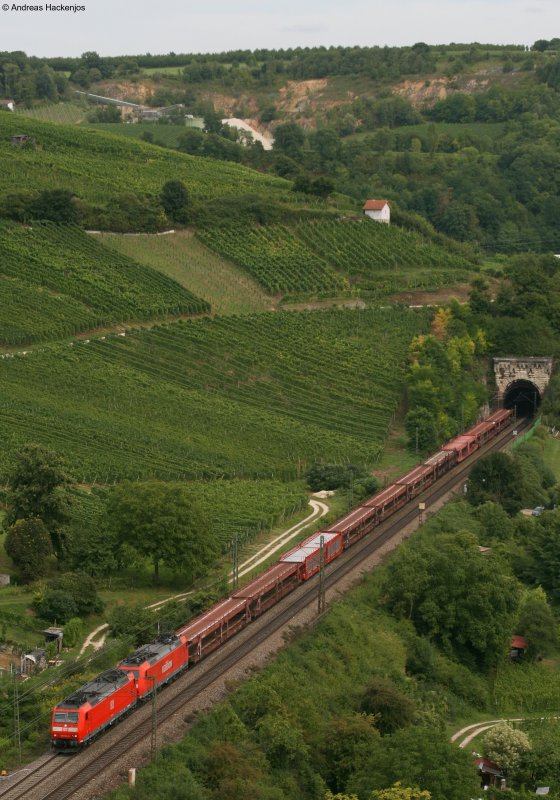 185 134-4 und 104-7 mit leeren Autotransportwagen gen Freiburg am Isteiner Klotz 14.8.08
