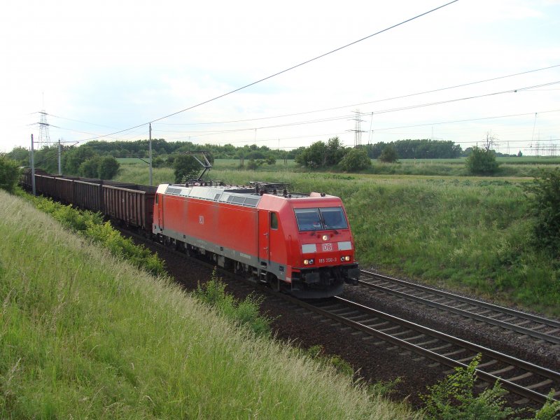 185 356-3 kommt mit einem gemischten Gterzug aus Richtung Braunschweig, fotografiert kurz vor Magdeburg am 01.06.2009