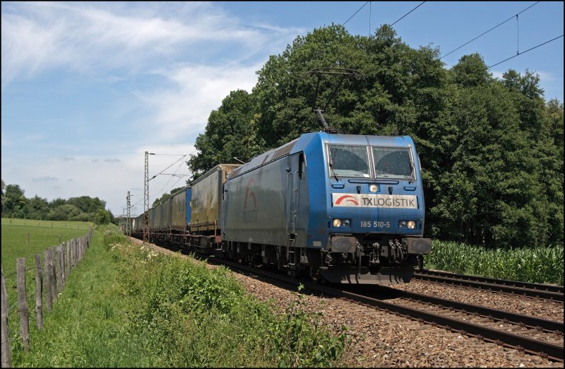 185 510 bringt bei Vogl einen  Transped-Express  von Wanne-Eickel zum Brenner. (10.07.2008)
