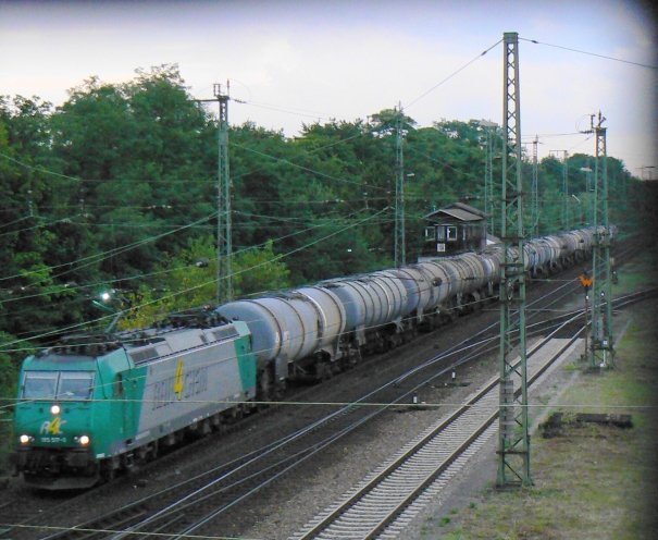 185 517 von r4c fhrt ende Juli in einem straken Gewitterregen mit einem DGS von Muttenz (Schweiz) nach Flrsheim durch den Karlsruher Rbf. Bei dem Gewitter kam Vieh ums Leben.