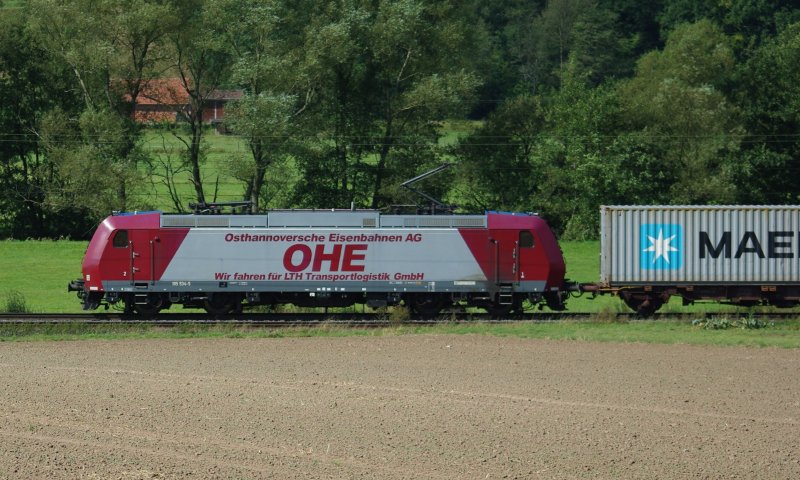 185 534-5 der OHE mit einem Containerzug in Fahrtrichtung Fulda durch das Haunetal. Aufgneommen am 01.09.2009.